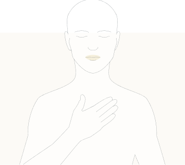 Line drawing of a person with their hand on their chest, with their lips higlighted